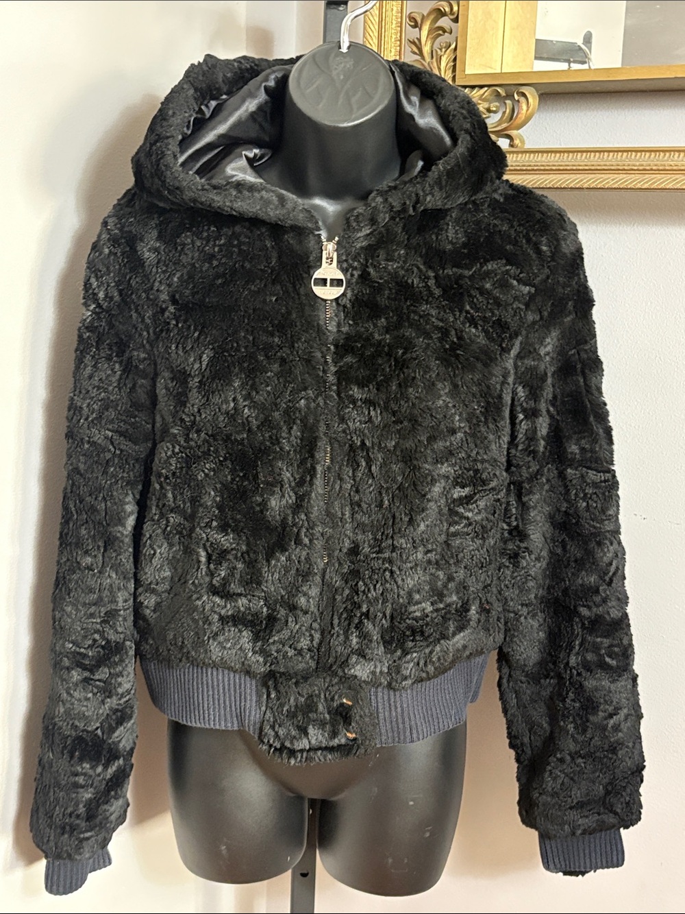 Tommy Hilfiger Small Black Faux Fur Hooded Bomber Jacket